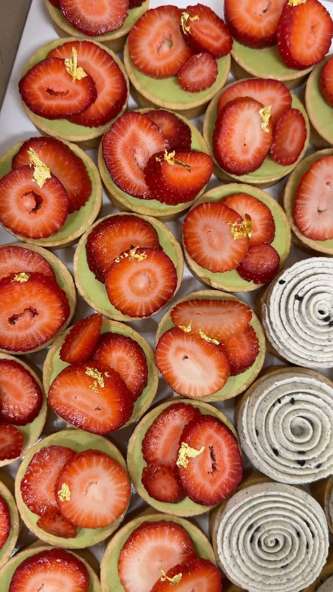 mini tartlets: yuzu meringue, strawberry matcha, and black sesame